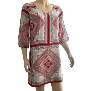 Bisou Bisou geometric scarf print chiffon mini‎ dress orange gray white size 6